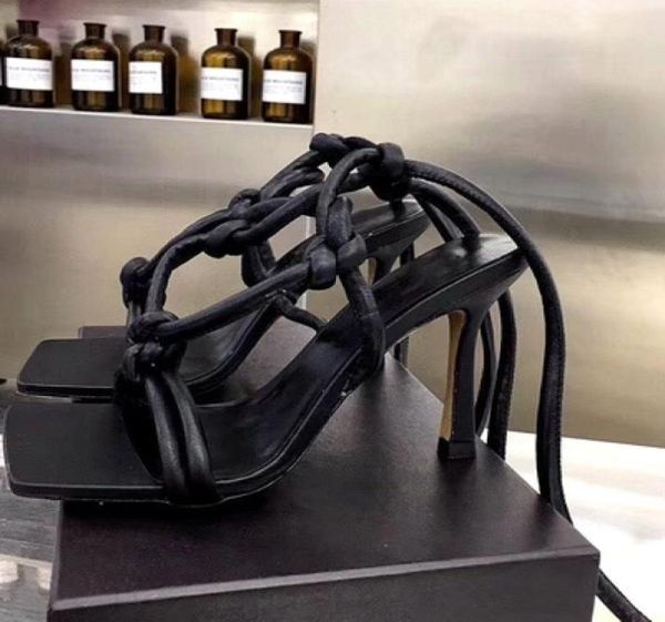 

2020 catwalk models summer leather shoes stiletto high heels cross straps crosstied laceup bow sandals size 35418947213, Black