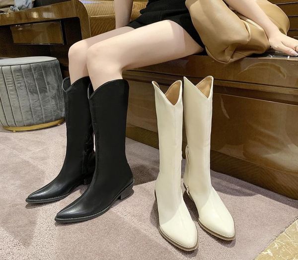 

2020 combat boots women black gothic shoes female western cowboy boots leather knee high women white brown mid heel8301947