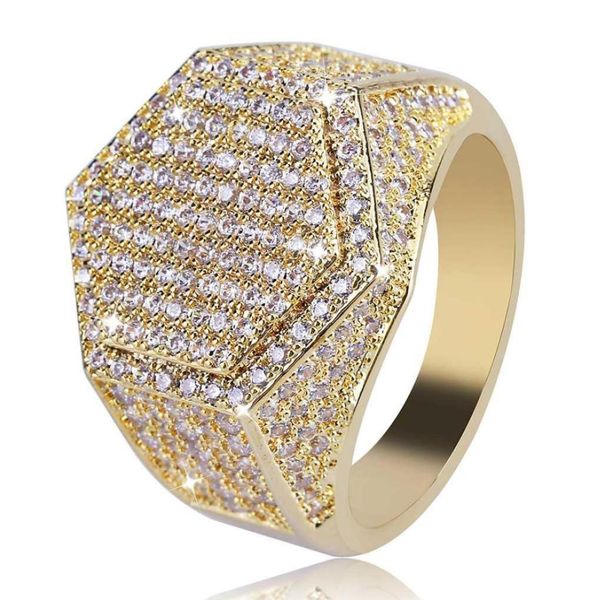 

hip hop geometric hexagon ring copper gold silver color plated iced out micro pave cubic zircon charm ring for men1775486