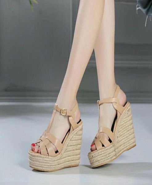 

2020040602y 40 genuine leather calf skin strap sandals wedge 105cm platform black caramel brown beige patent leathe4292157