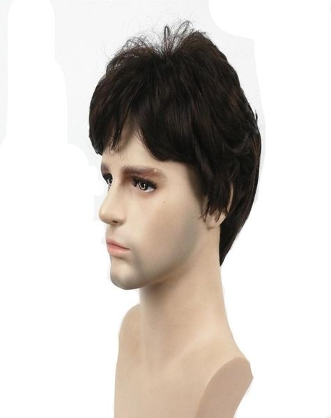 

mens wigs short straight hair dark brown natural synthetic full wig3484478, Black