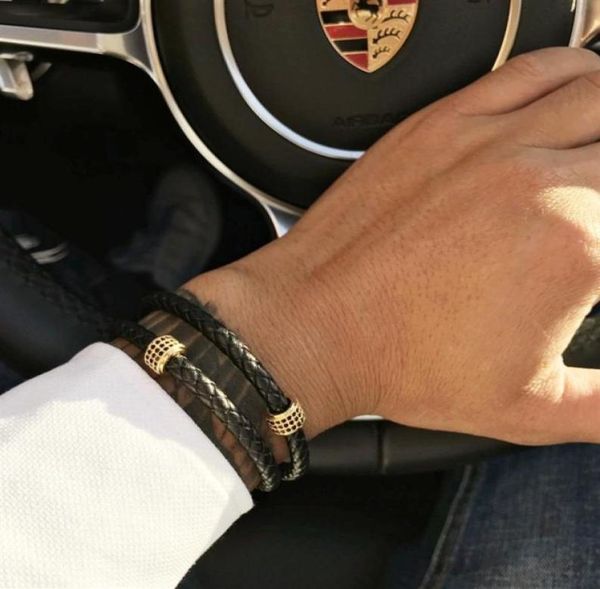 

mcllroy mens bracelets stainless steel black leather bracelet wristband bangle punk style fashion jewlery magnetic clasp y200107305664387, Golden;silver