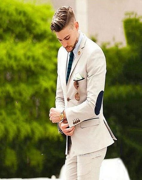 

handsome beige mens suits wedding tuxedos elbow patches business casual groom formal wear trim fit male blazers 2 pieces jacket pa4139550, Black;gray