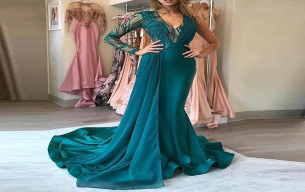 

muslim long evening dresses vneck lace chiffon one shoulder long sleeves mermaid prom dress evening party gown5462219, Black;red