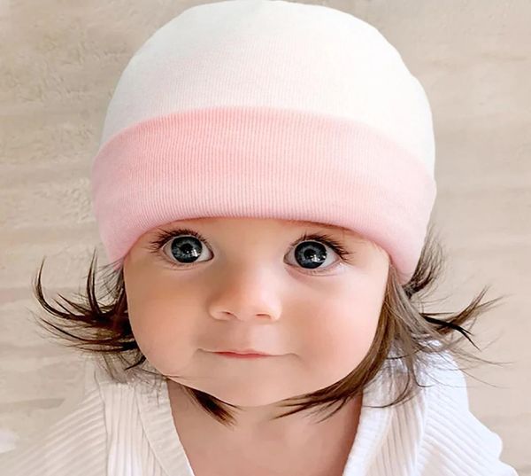 

newborn knitted beanie children color mathching cotton bonnet baby girls cute skullcap neonate warm hat flanging kids skullies6278360, Blue;gray