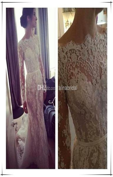 

2018 sheer wedding dresses beteau long sleeve sheath chapel train modern lace bridal gowns steven khalil new arrival elegant dress3491462, White
