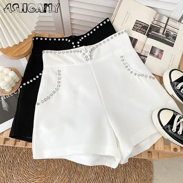

shorts ashgaily 2022 new diamond shorts women high waist pants drawstring streetwear zipper shorts allmatch wide leg bottoms female, White;black