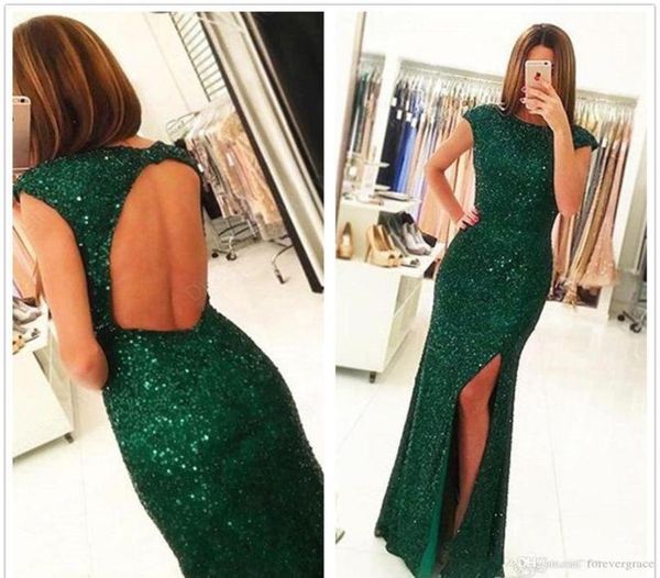 

2019 sheath long prom dress dark green sequined split formal holidays wear graduation evening party gown custom made plus size2570594, Black