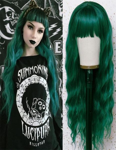 

green synthetic wig with bangs cosplay perruques simulation human hair headband wigs wave pelucas 22 inches rxg91678953231, Black