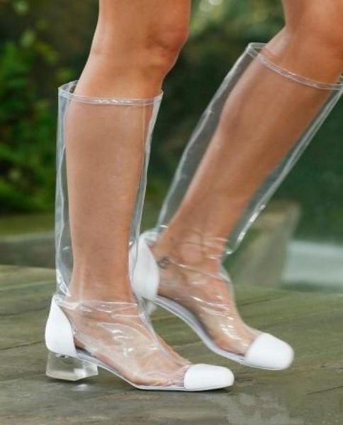 

2018 spring summer square heels 4cm pvc clear knee high boots big size 4048 zipper shoes for woman rain boots4901075, Black