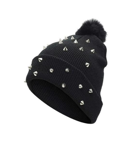 

beanieskull caps women punk rivet winter hat black big pom fashion knitted wool thick warm ladies5768649, Blue;gray