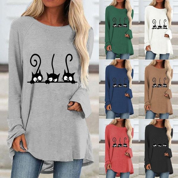 

t-shirt autumn women's fashion casual black cat print round neck long sleeve shirt and loose plus size ladies graphic tshirt top, White