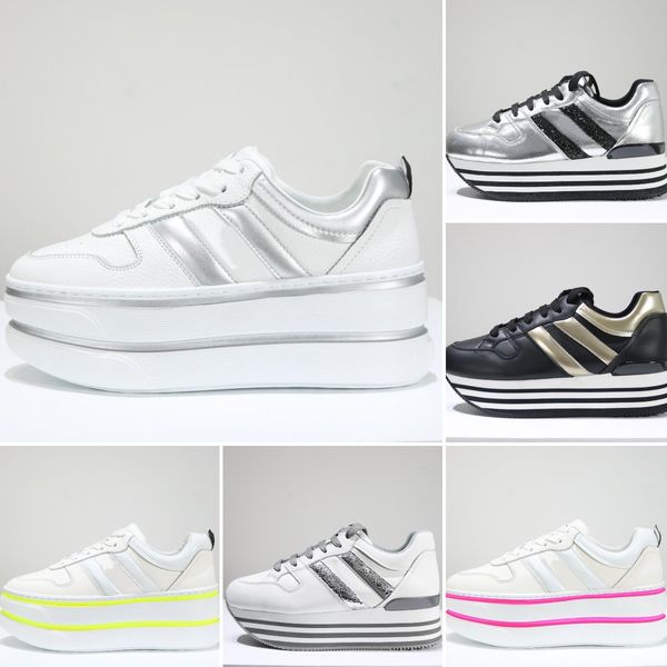 

designer shoes italy women midi h222 sneakers metallic leather side h suede upper platform heighten casual shoes size 34-39, Black