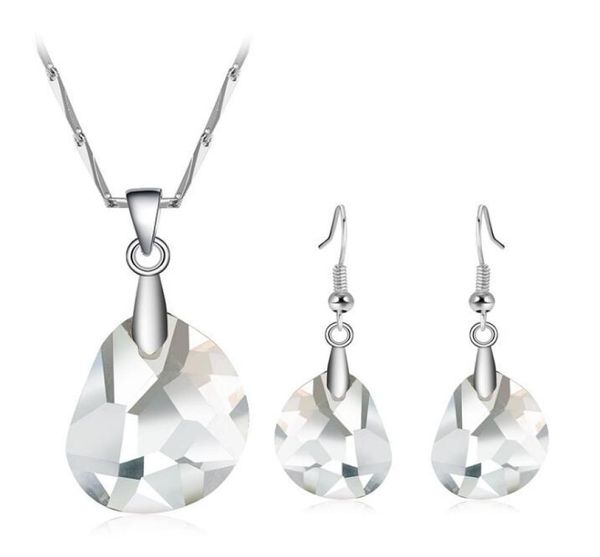 

crystal bridal wedding jewelry clear peans crystal necklace earrings set silver women pendant necklace eardrop 2017 bridesmaid jew8941200, White
