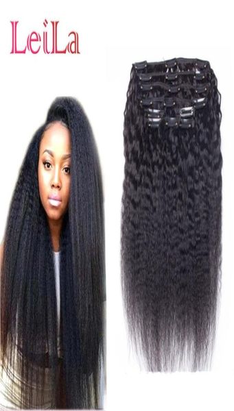 

malaysian human hair 7pieces set kinky straight clip in hair weft extensions natural black coarse yaki human hair weaves2512848, Black;brown