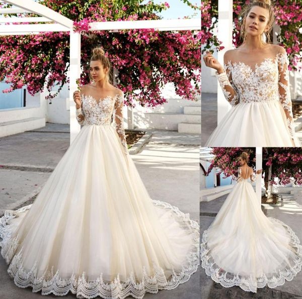 

eyecatching scalloped lace applique romantic wedding gowns with long sleeves champagne bridal dress with illusion back gowns3743632, White