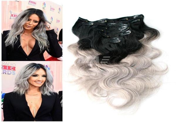 

vmae ombre brazilian clip in human hair extensions 9a grade body wave silver grey clip in ombre color clip in hair extensions8825849, Black;brown