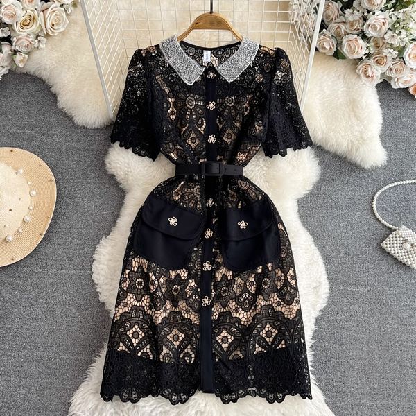 

luxury and luxury dress short sleeve doll neck slim a-line single breasted hollow lace dress, Black;gray