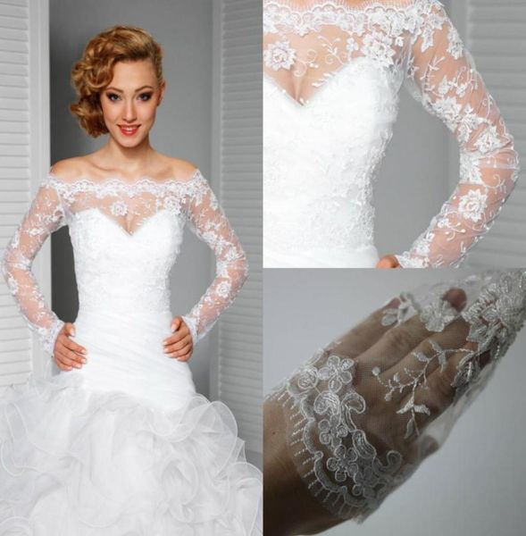 

2018 elegant off shoulder lace bolero jacket illusion covered button jackets bridal shrug bride wraps wedding dress accessories sh8791493, White