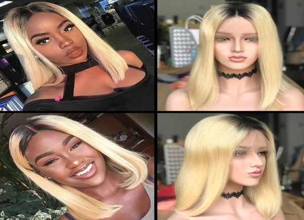 

honey blonde ombre bob human hair wigs 8quot 180 density short dark roots blonde 1b613 lace front wigs glueless with baby hair5035633, Black