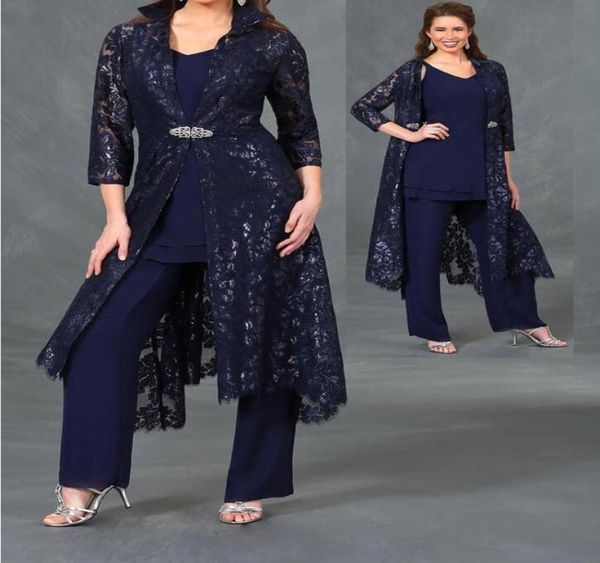 

3 piece mother of the bride pant suits with 34 lace sleeves jacket ankle length formal evening gowns plus size wedding gue1264143, Black;red
