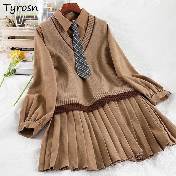 

dress dress sets women vneck sweater vest solid pleated turndown collar dress students girls preppy style school sweet pure lovely, White