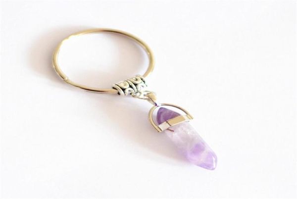 

hexagonal prism keychains natural stone pendant key chains bullet crystal charms rings holder jewelry keyring fashion accessories 2626234, Slivery;golden