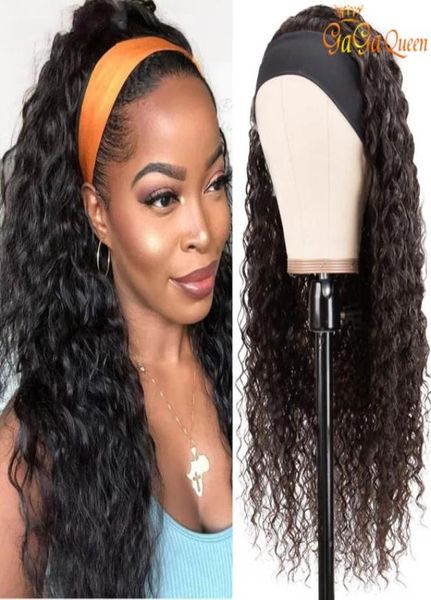 

peruvian deep wave headband wigs for women headband wig brazilian no glue remy 150 density human hair wig7990497, Black;brown
