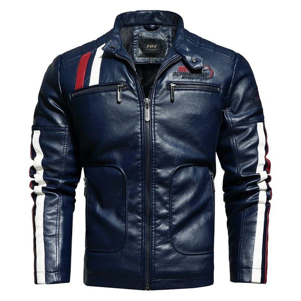 

Casual polyester stand collar zipper leather jacket pluse size man motorcycle jacket, Black