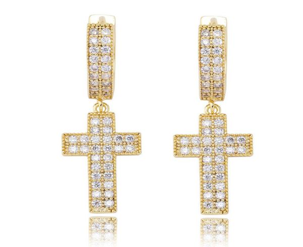 

18k gold plated iced out cross earrings charm cz stud earring mens hip hop jewelry gift9523523, Golden