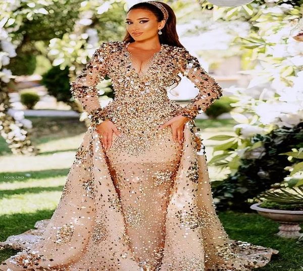

2022 arabic aso ebi gold sparkly luxurious prom dresses beaded crystals sheer neck evening formal party second reception gowns dre5548511, Black