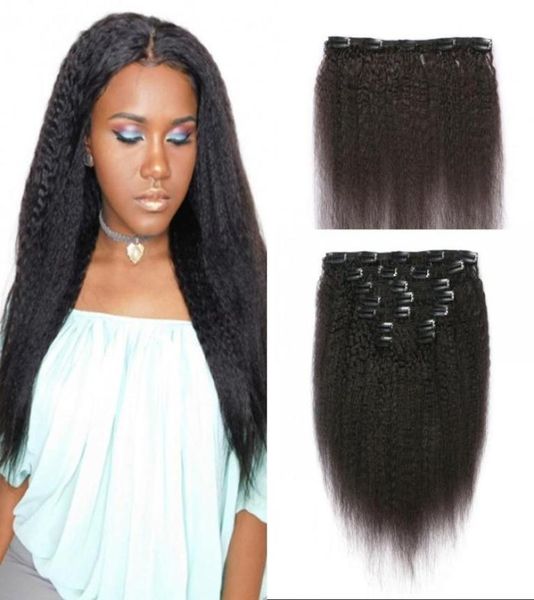 

coarse yaki clip in human hair extension 7pcs brazilian virgin hair kinky straight clip ins for black women fdshine4754839, Black;brown