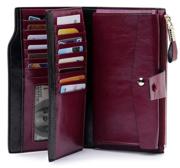 

oil wax leather rfid wallet women hasp zipper walets genuine leather female purse long womens wallets ladies clutchmx5063098, Red;black