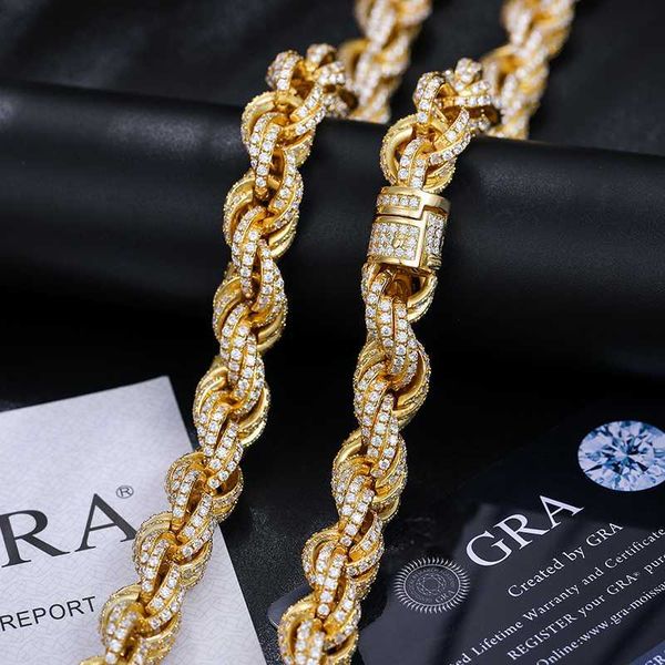 

pass diamond tester 8mm 12mm full vvs moissanite iced out rope chain 925 sterling silver men hip hop jewelry twisted necklace