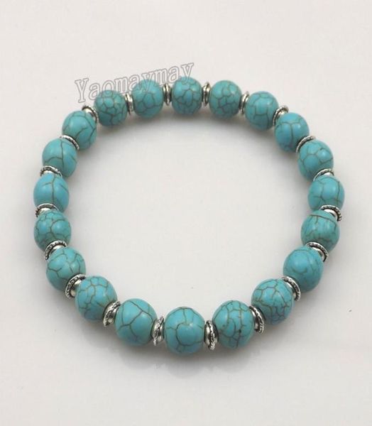 

stretchy 8mm turquoise beaded bracelets with silver color spacer beads for women 12pcs 1477189, Black