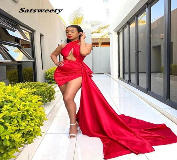 

red evening dress 2021 halter sleeveless short front long back african women unique satin formal gowns3716760, Black;red
