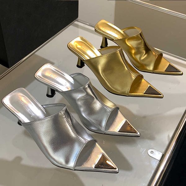 

slippers slides heels new in women pumps shoes footwear shallow female 2023 fashion pointed toe metal ladies high sandals 230511, Black