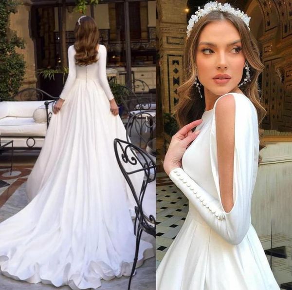 

wedding dress elegant satin aline fashion long sleeve vestido de novia 2020 simple princess train buttons back bridal gown6680935, White