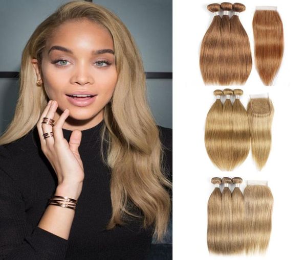 

3 bundles with 4x4 lace closure indian human hair weave color 8 27 honey blonde 30 brown auburn precolored remy hair extension1047501, Black;brown