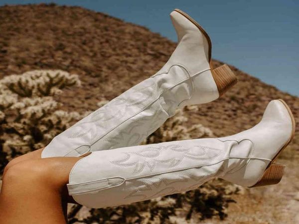 

karinluna cowboy boots for women embroidered slipon chunky stacked heel cowgirl knee high western boots shoes big size 45 y2208173519372, Black