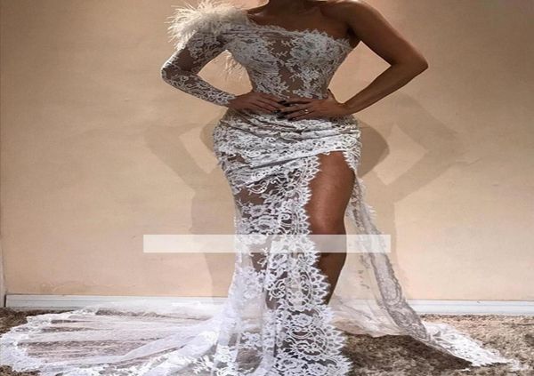 

white full lace mermaid evening dresses sell side split 2020 modern one shoulder see through red carpet pageant celebrity gown8883555, Black;red