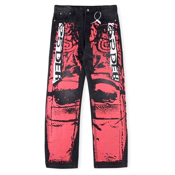 

high street pants straight leg jeans for men designer punk star spider printed pants pantalon homme fashion motorcycle trousers, Black;brown