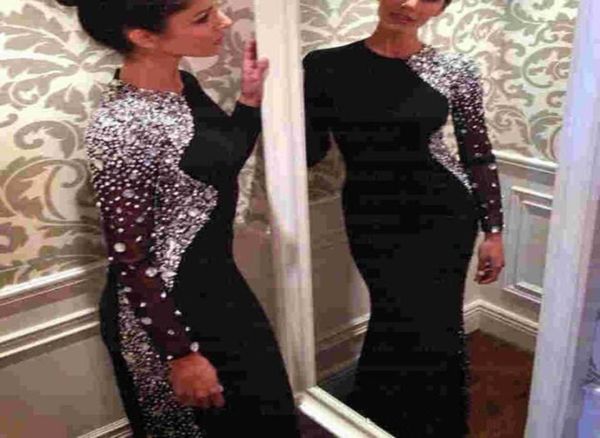 

new bling crystal beaded black long sleeve sheath evening dresses jewel neck sweep train muslim prom gowns arabic sparkly rhinesto3253636, Black;red