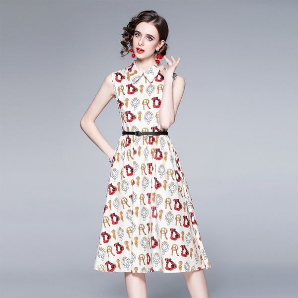

2023 summer new item european station fashion women's big skirt sleeveless lapel temperament print dress e276, Black;gray
