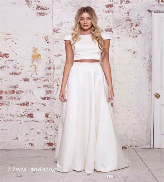 

2019 customized 2 two piece white wedding dress cap sleeves floor length long bridal party dress plus size vestido de1981022