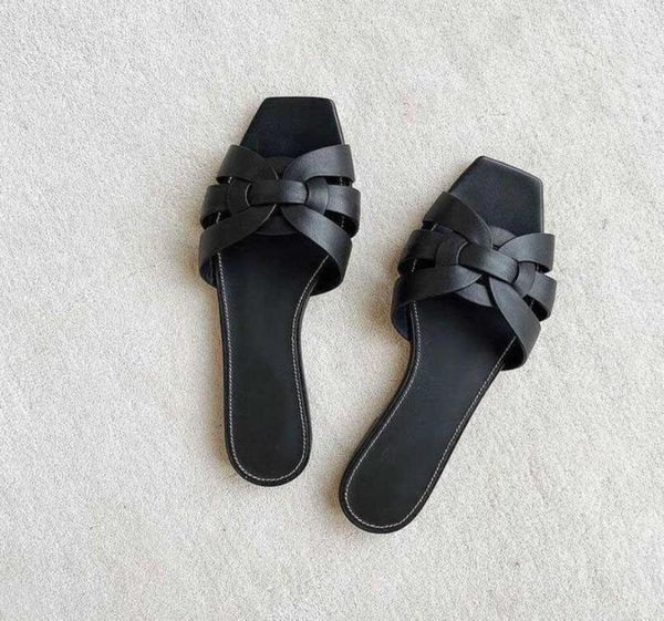 

name brand slippers tribute flat sole sandals woven leather women sandal slide slipper slip square toe shoes lady outdoor party dr2127563, Black