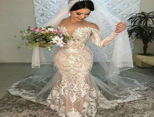 

champagne wedding dresses boho elegant lace mermaid wedding dress illusion neck long sleeves country garden bridal gowns 20206212758, White
