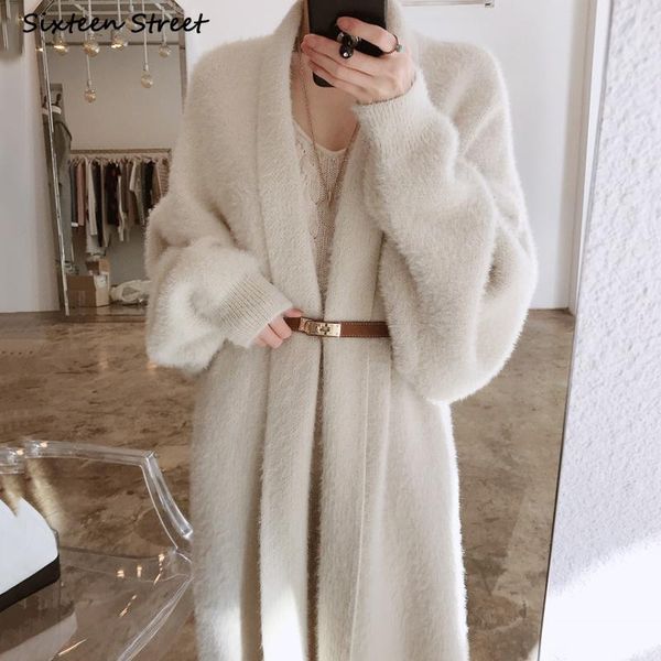 

sweaters new women long cardigan fall mink cashmere fullsleeve oversized cardigan woman keep warm winter woman's clothing, White;black