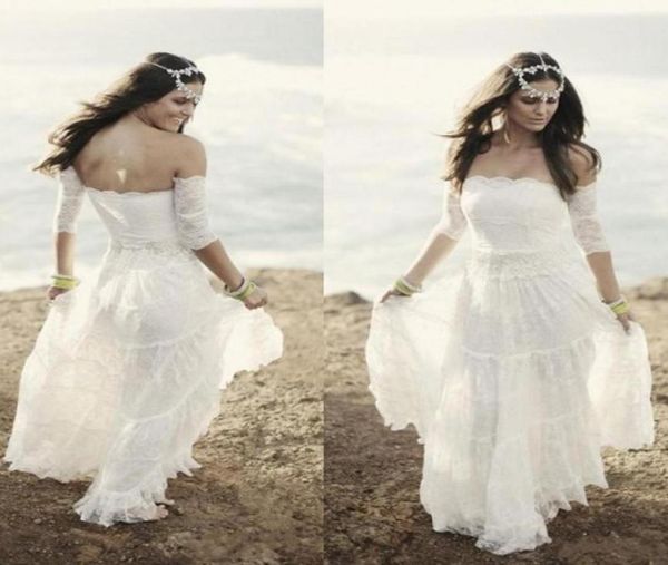 

summer lace beach wedding dresses vintage bohemian bridal gowns strapless boho brides gowns plus size vintage dress with short sle5142333, White