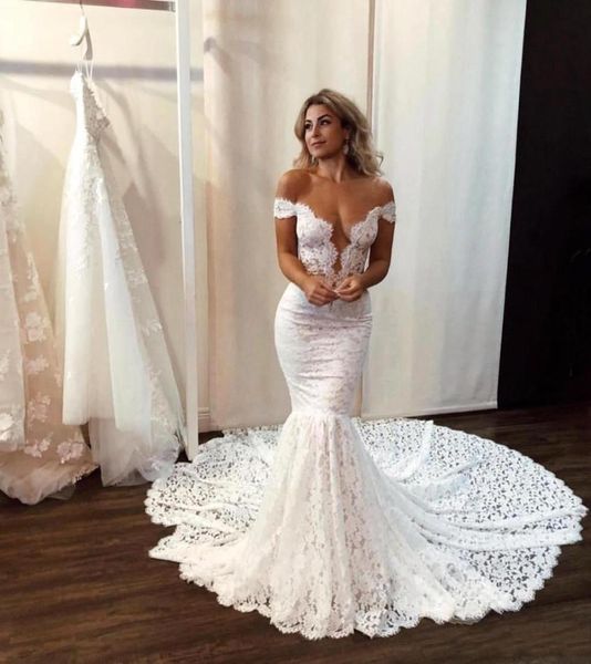 

2022 elegant full lace mermaid wedding dresses sheer backless with buttons off the shoulder long train bride wedding gowns bc3478601, White
